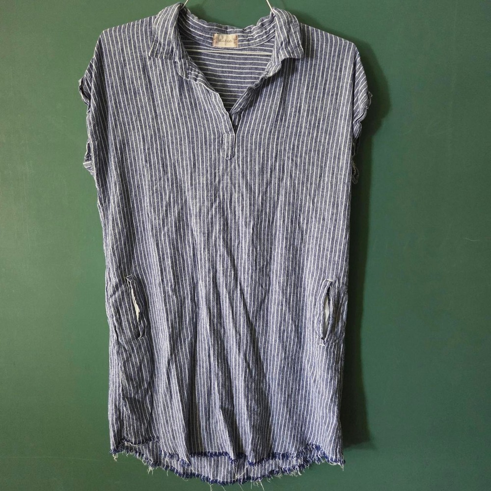 Altar'd State Blue Striped Cotton Mini Dress Raw Hem Boho L